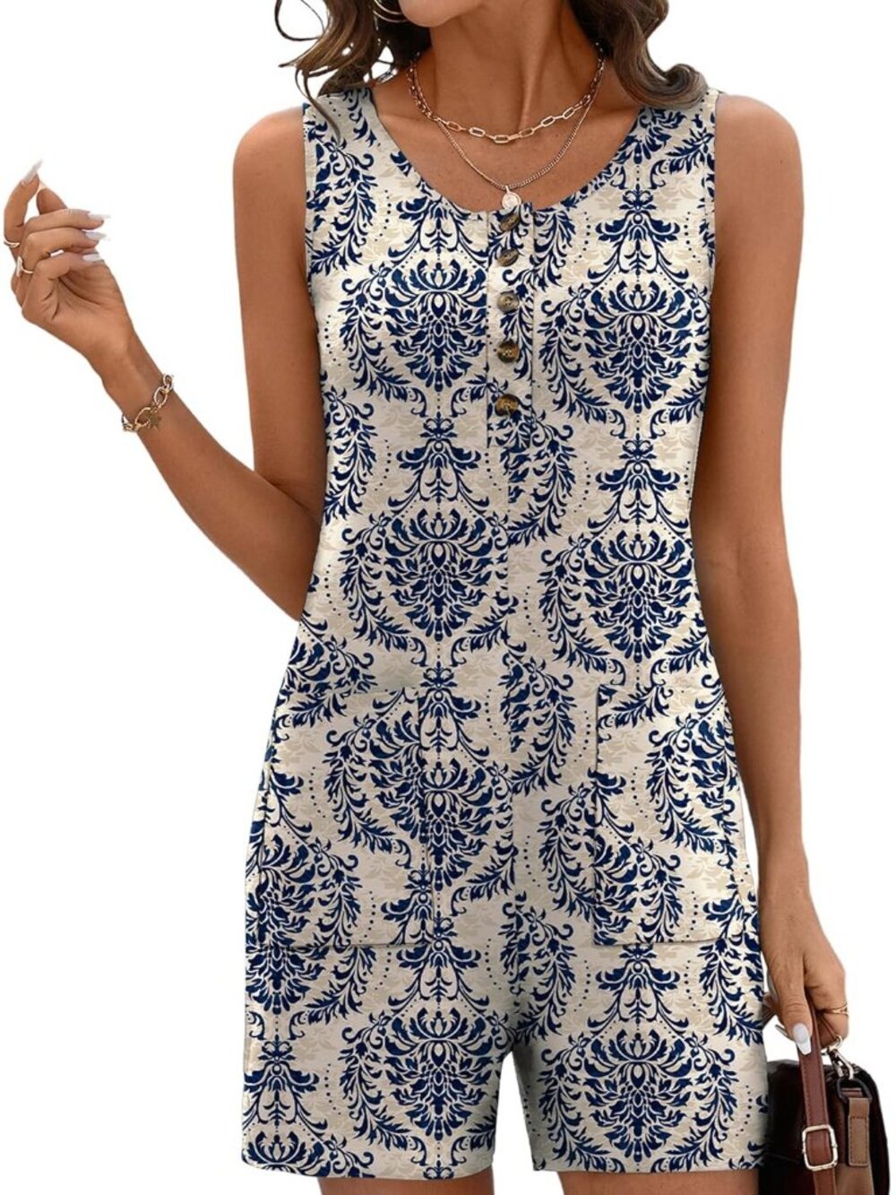 Women Blue White Polyester Casual Sleeveless Scoop Neck Short Jumpsuits Rompers